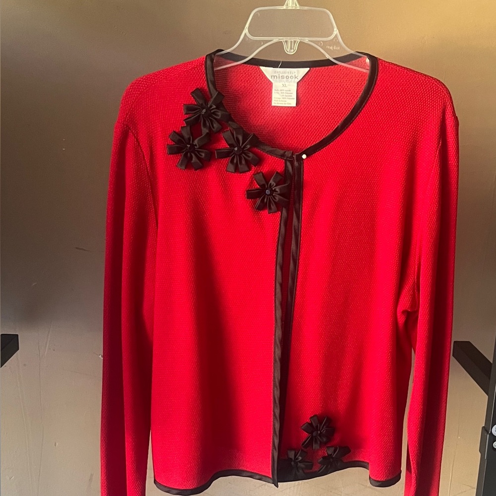 Misook Red Cardigan with Black Floral Accents